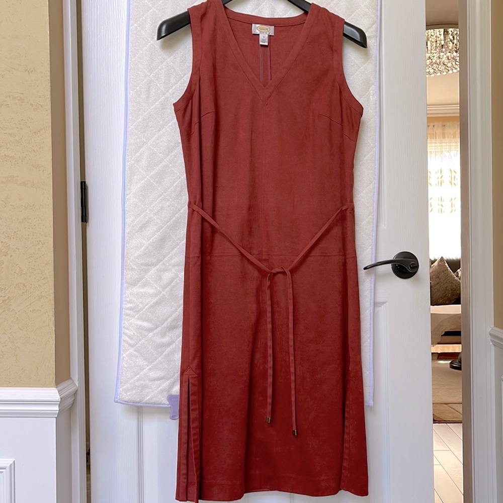 Talbots Petites, women midi dress, sleeveless with tie, suede, size10